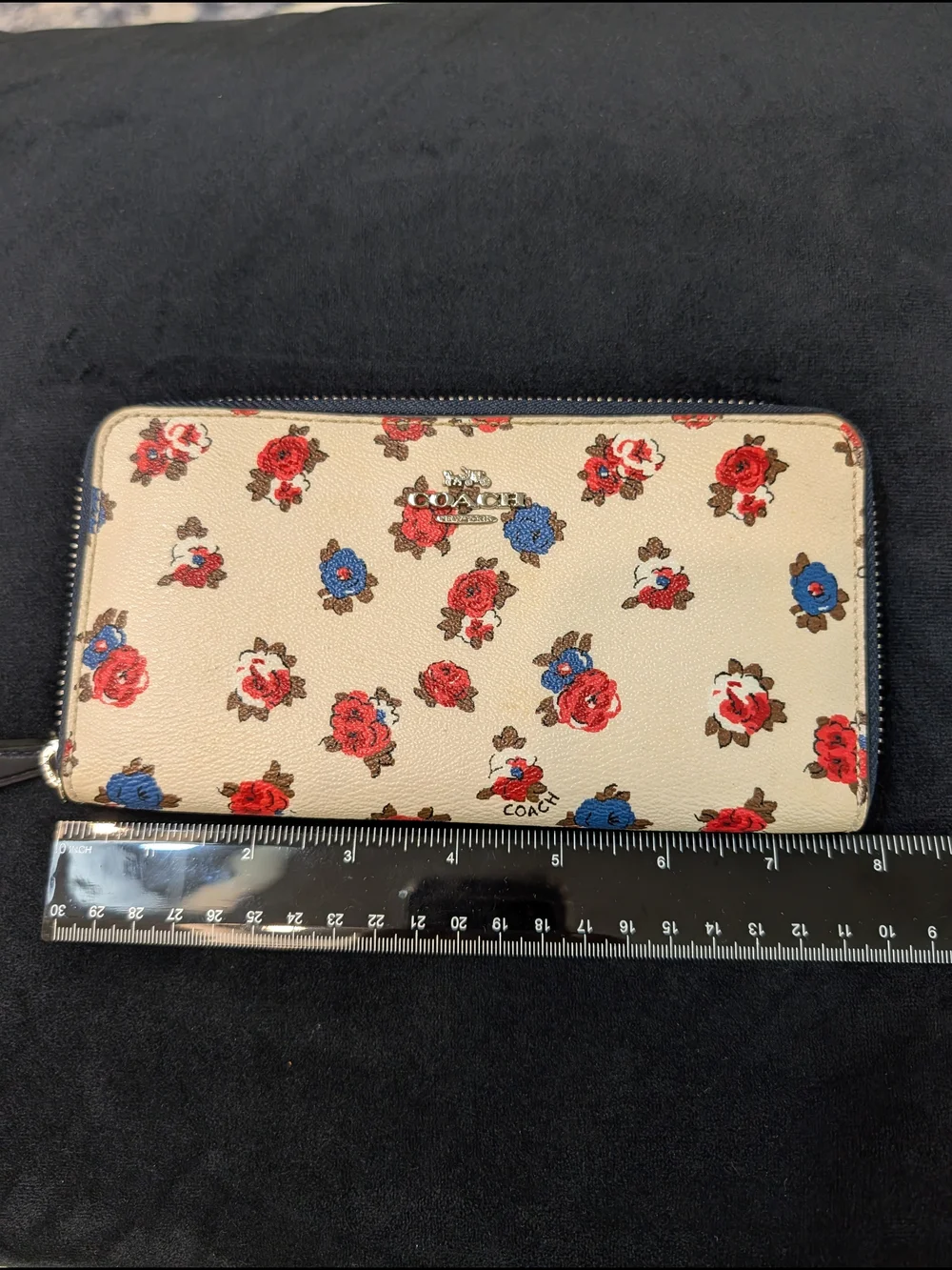 Coach Floral Zip Wallet in Cream with Red & Blue Flowers